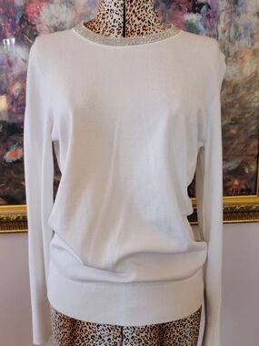 Tommy Hilfiger White Crewneck Sweater with Rhinestone Trim